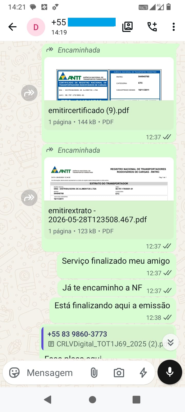 Conversa de atendimento concluído com envio de certificado e extrato RNTRC pelo WhatsApp.