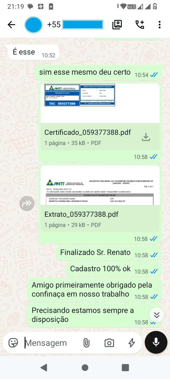 Conversa com certificado, extrato e confirmação de cadastro finalizado no WhatsApp.