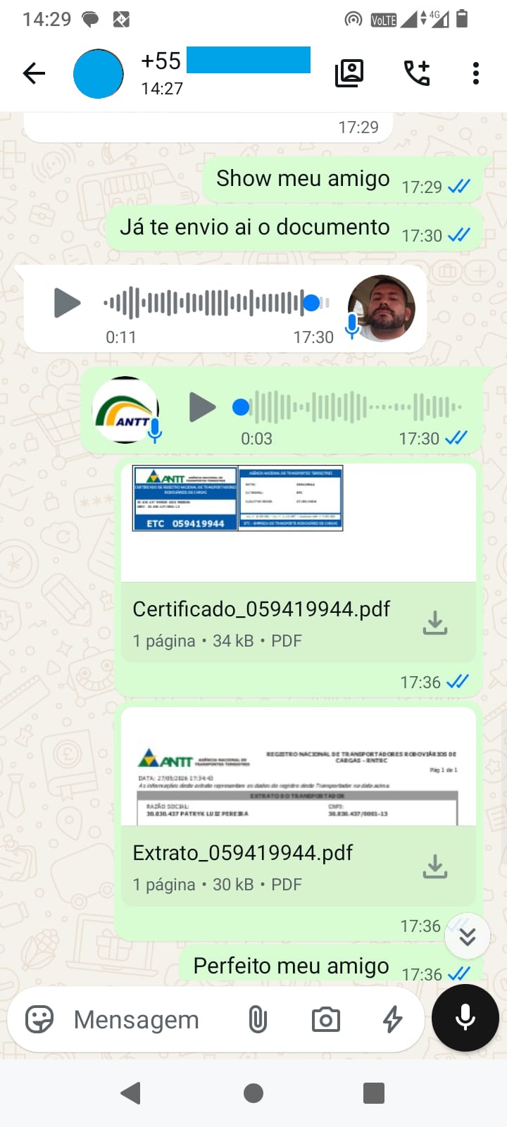 Conversa mostrando envio de certificado RNTRC e extrato para cliente pelo WhatsApp.