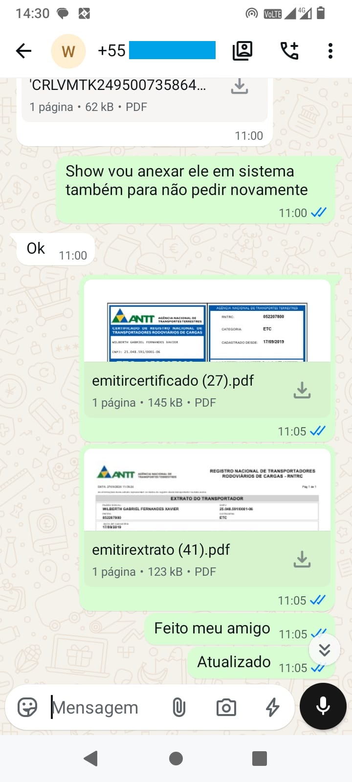 Conversa de reativação de cadastro RNTRC com confirmação do cliente no WhatsApp.