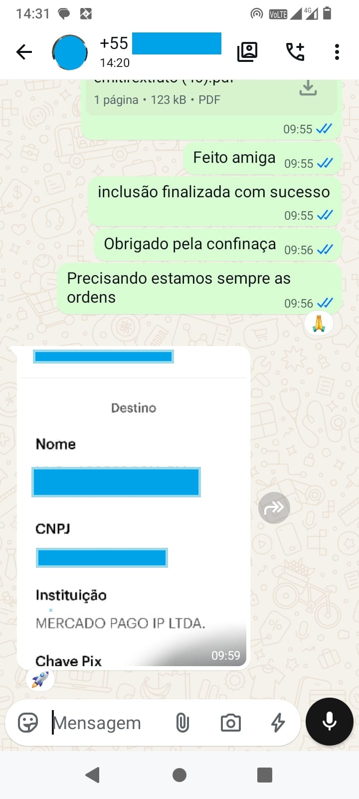 Conversa de cliente agradecendo o atendimento e indicando novos contatos pelo WhatsApp.