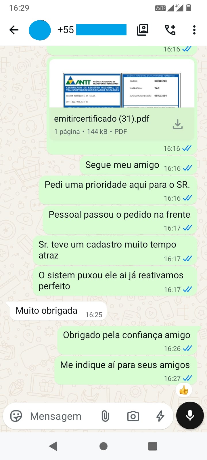 Conversa com serviço finalizado, envio de certificado e extrato RNTRC pelo WhatsApp.