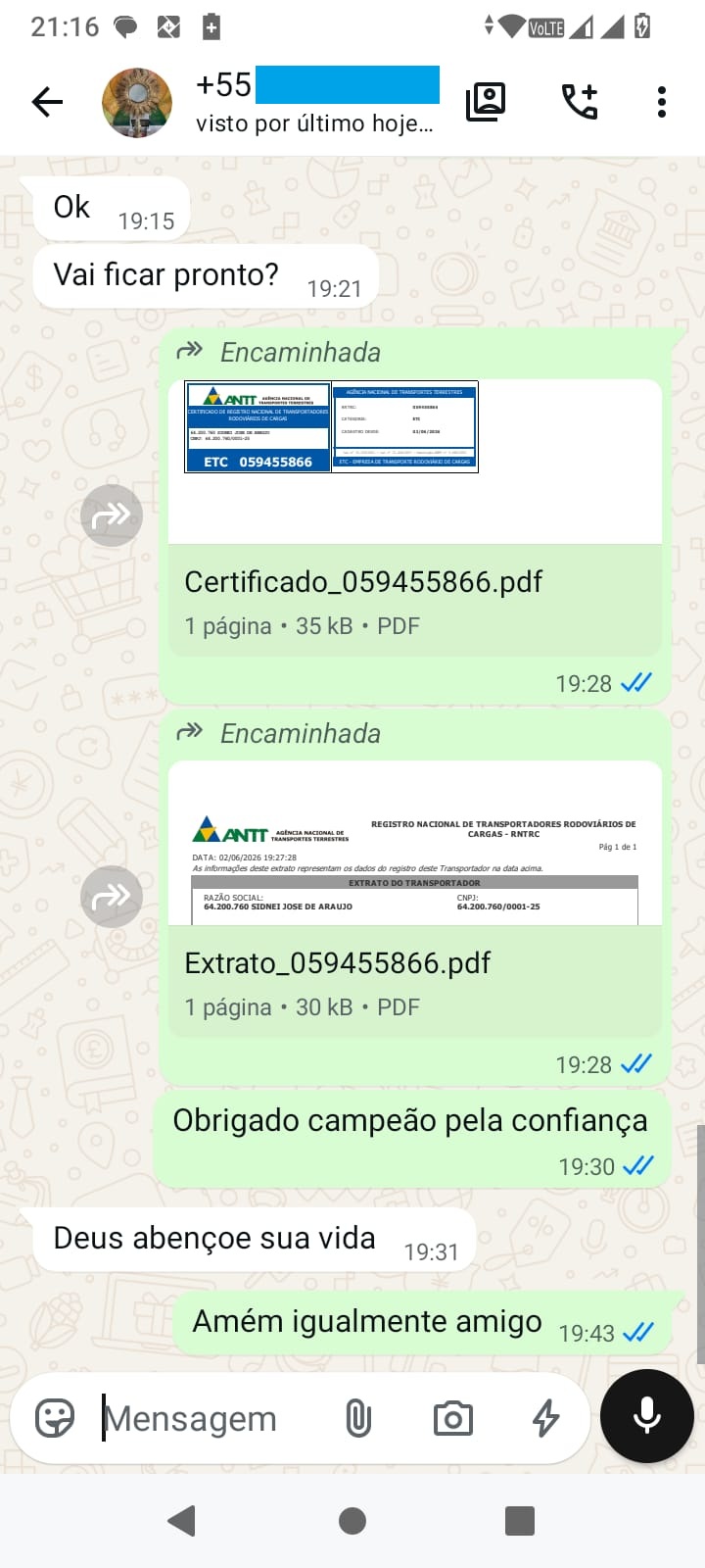 Conversa com comprovação de pagamento e agradecimento pelo atendimento no WhatsApp.