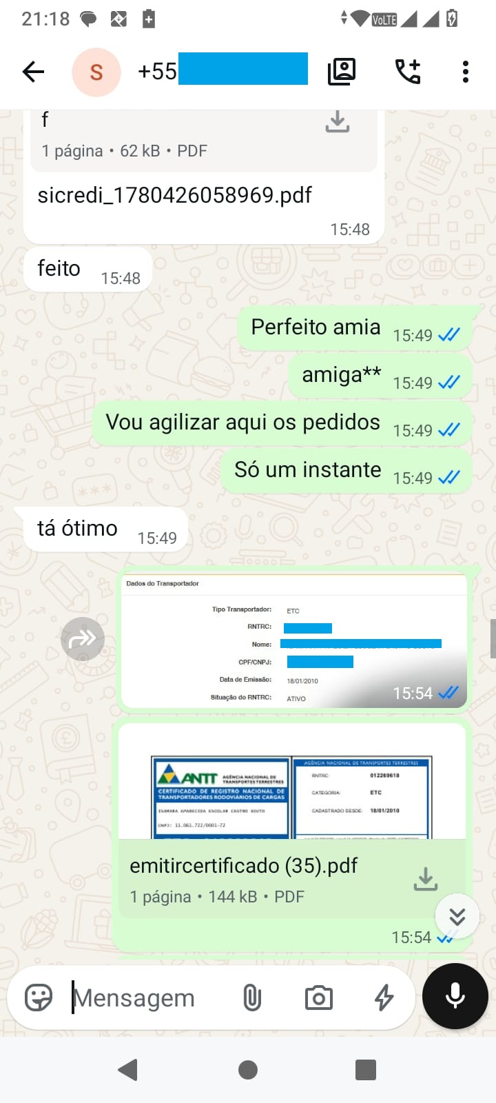 Conversa com documentos RNTRC encaminhados e cliente agradecendo o atendimento no WhatsApp.